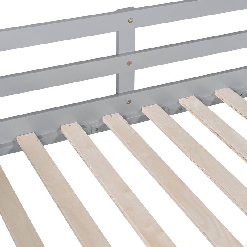 Full Size Wood Bunk Bed with Twin Size Trundle and Ladder, Divided Into 2 Individual Beds, Full Over Full Bunk Bed Frame