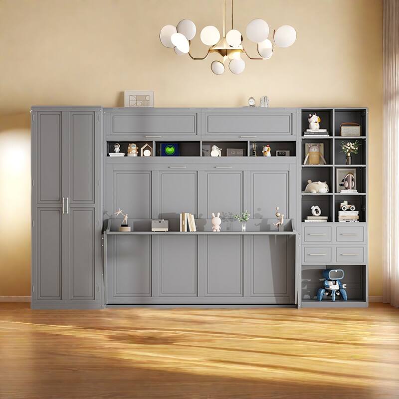 Queen Size Murphy Bed with Built-In Wardrobe and Storage Drawers - Space-Saving Foldable Design - Gray
