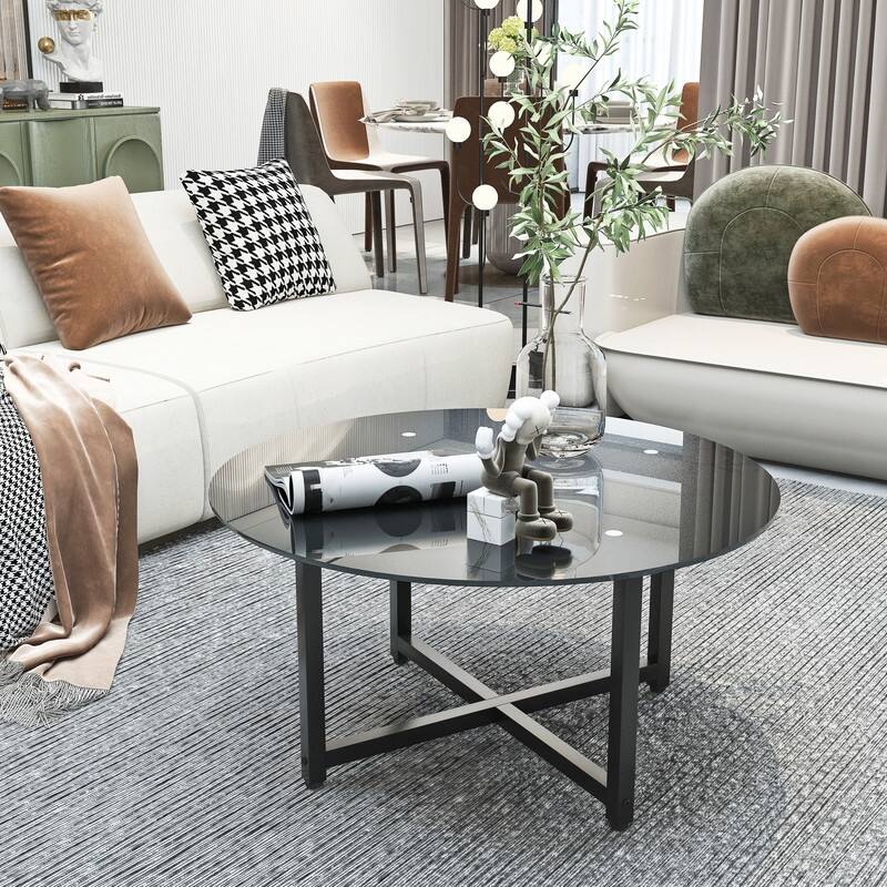 35.5'' Round Black Glass Coffee Table with Metal Frame for Living Room ...