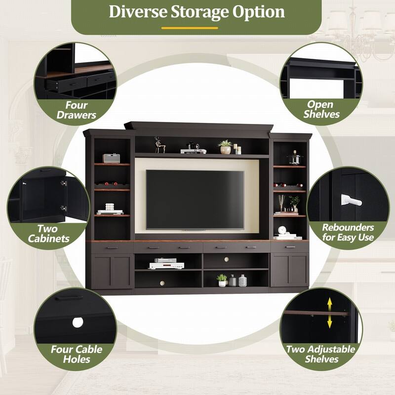 108.2"W Farmhouse 4-Piece Entertainment Wall Unit Set with Bookshelf for TVs Up to 70"
