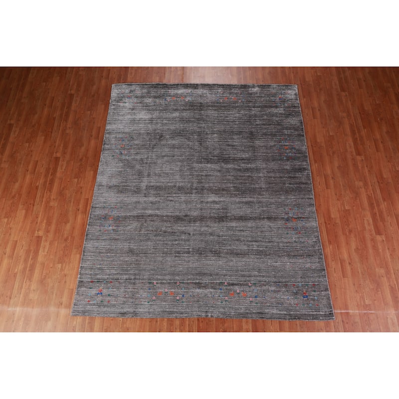 Hand Knotted Oriental Viscose Silk Carpet Tribal Stripe Greys & Charcoal Gabbeh Area Rug - 9' 9'' X 8' 0''
