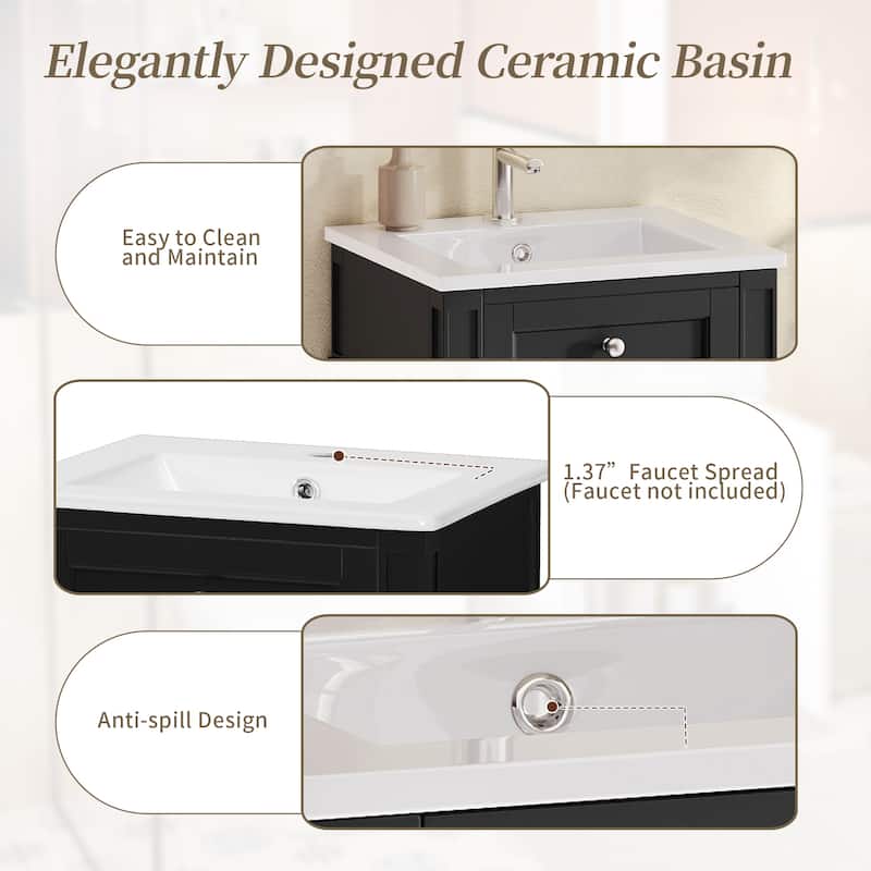 18" Freestanding Single Bathroom Vanity with Ceramic Sink, French Style Cabinet with Soft Close Door