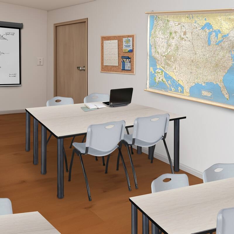 60" x 24" Kee Training Table- Maple/ Black & 2 'M' Stack Chairs- Grey