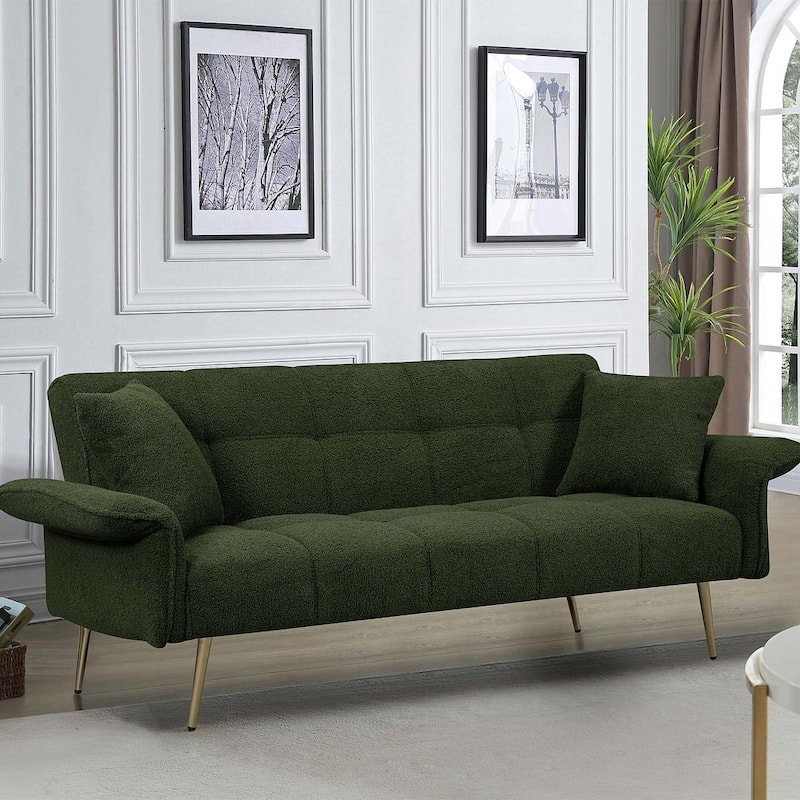 Futon Sofa Bed, Teddy Velvet Foldable Couch Convertible Loveseat Sleeper Daybed with Adjustable Armrests for Small Space