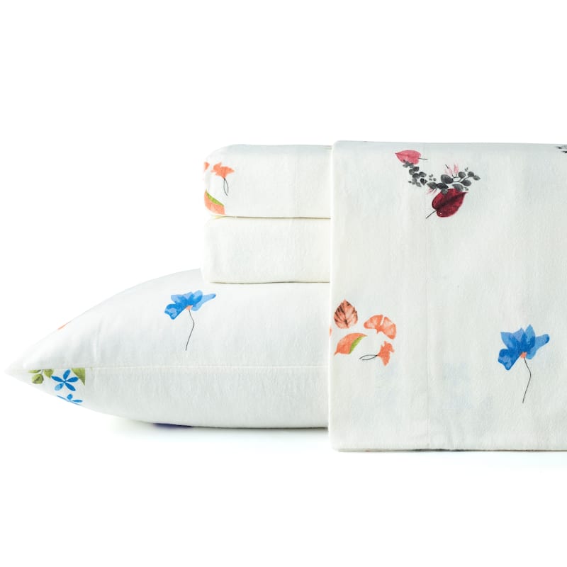 Pointehaven Printed Cotton 180 GSM Deep Pocket Oversized Brushed Flannel Sheet Set - Floral Bouquet - California King