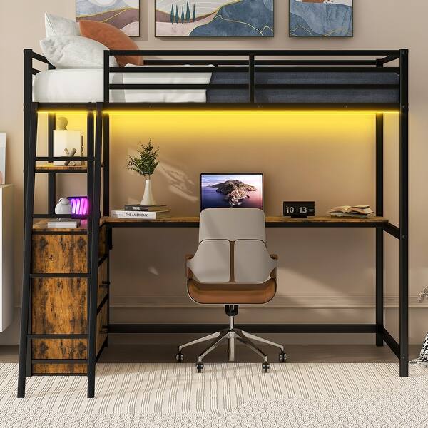 slide 2 of 32, Stylish Design Metal Loft Bed with Desk and Shelves, Built-in Drawers, LED Light and USB Charging Station Black