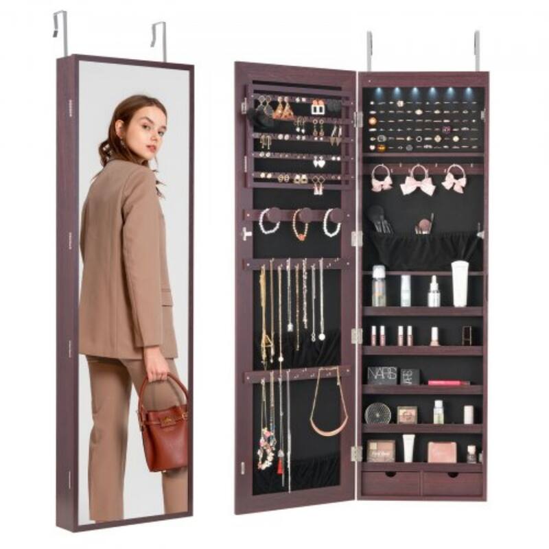2-in-1 Full Length Mirror Jewelry Cabinet Armoire Wall Door Mounted Organizer with Lock - 14.6 x 3.9 x 47.5in