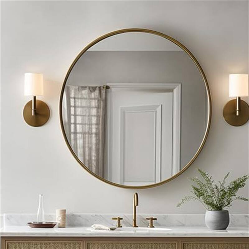 39" Metal Framed Round Mirror with Shatterproof Film and Hooks