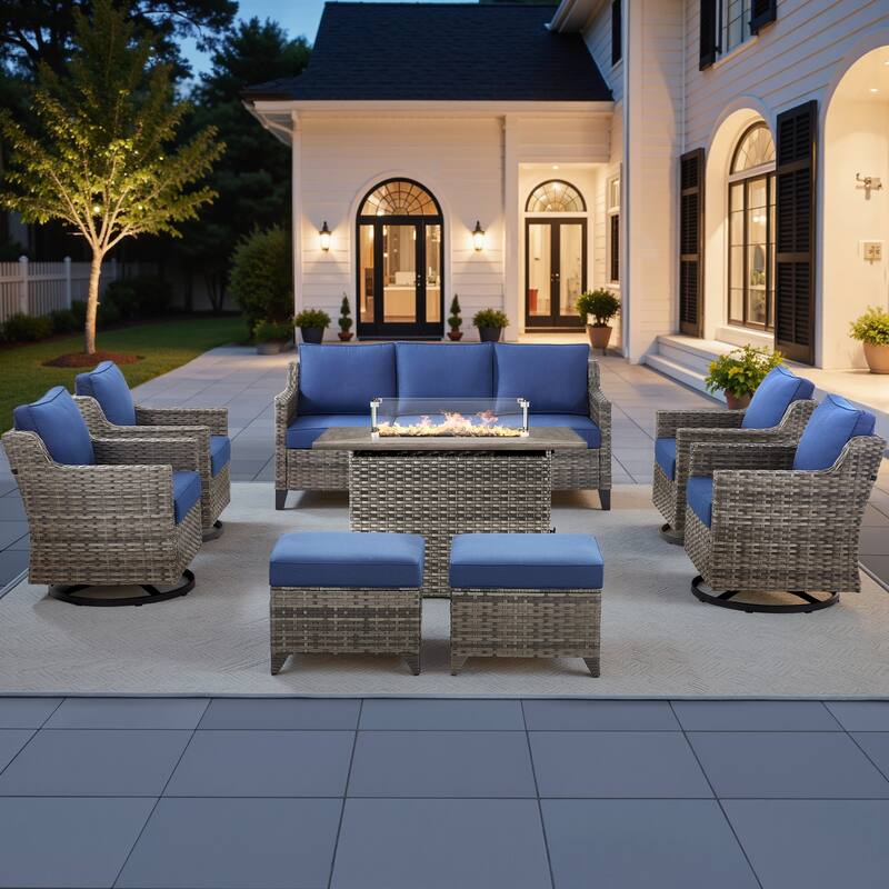 Pocassy Outdoor Swivel Chair with Sofa with Fire Pit Table - Blue Cushion Gray Wicker - 8-Piece Fire Table w/ Sofa Swivel Chair Ottoman