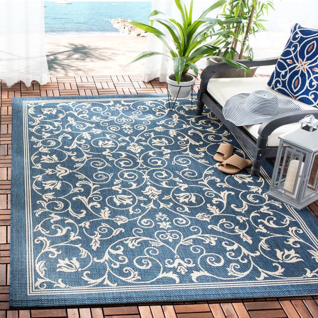 SAFAVIEH Courtyard Clarine Indoor/ Outdoor Waterproof Patio Backyard Rug - 5'3" x 7'7" - Navy/Beige