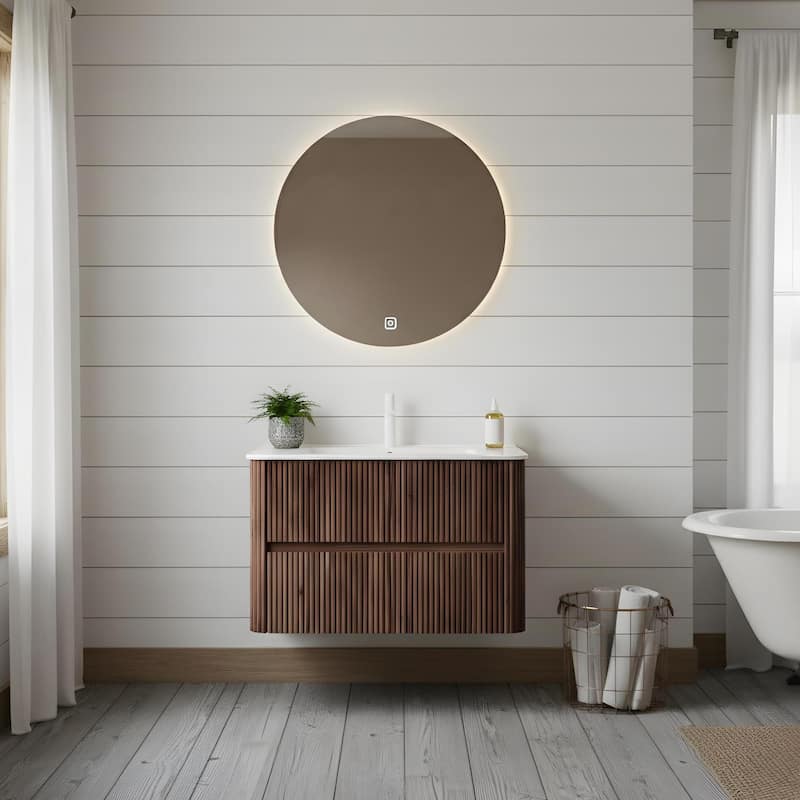 Floating Stripe Bathroom Vanity with Ceramic Sink