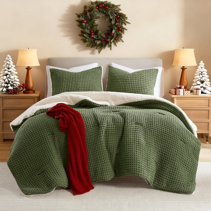 Madison Park Riordan Waffle Knit Chenille Comforter Set - Twin - Olive