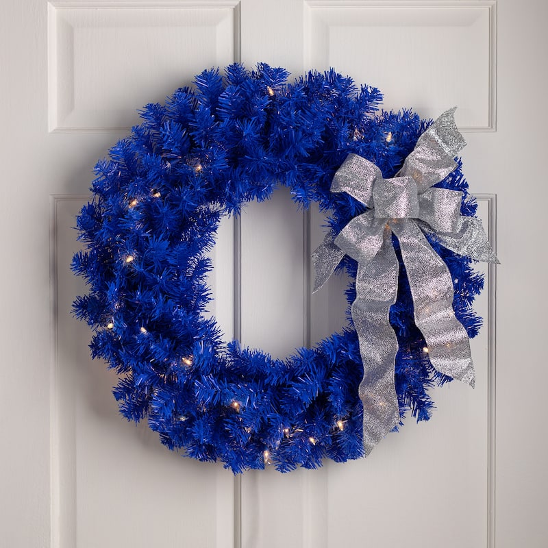 Pre-Lit Artificial Pine Christmas Wreath - 24" - Royal Blue - Clear Lights