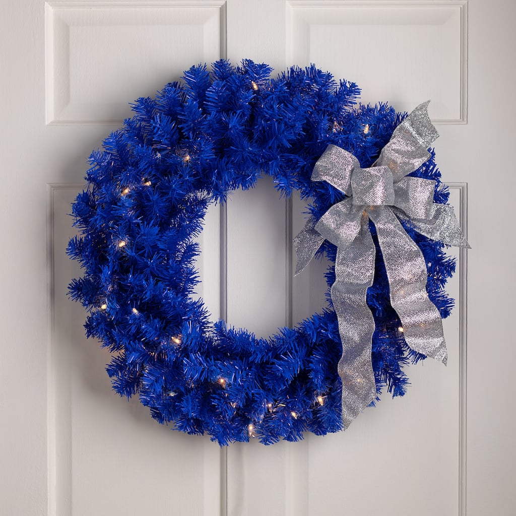 Pre-Lit Artificial Pine Christmas Wreath - 24" - Royal Blue - Clear Lights
