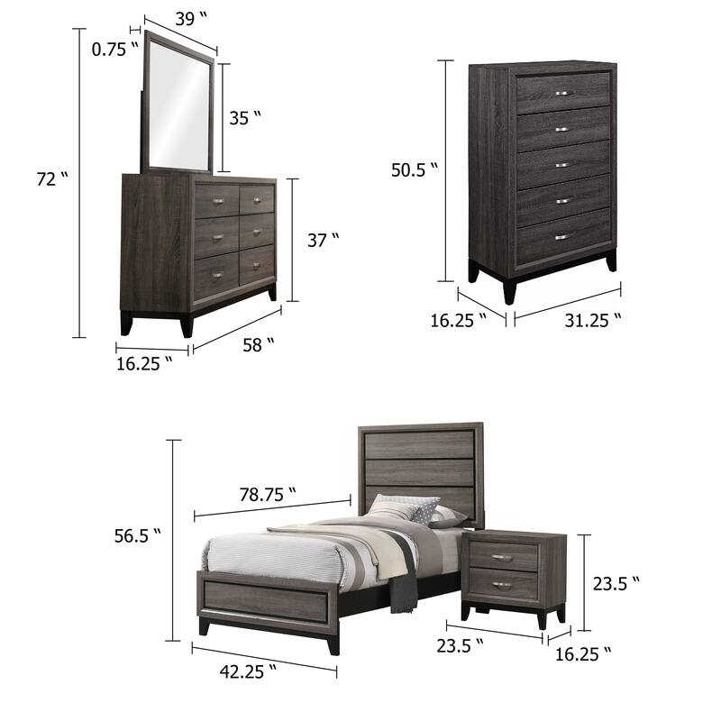 Mela 5pc Twin Bed Set, Nightstand Dresser Chest and Mirror, Oak Gray