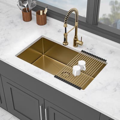 Undermount Gold Kitchen Sink - 32" x 19" Stainless Steel 16 Gauge Deep Single Bowl Sinks