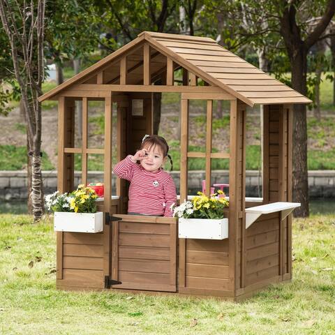 Outsunny Kids Wooden Playhouse, Outdoor Garden Games Cottage, with Working Door, Windows, Flowers Pot Holder