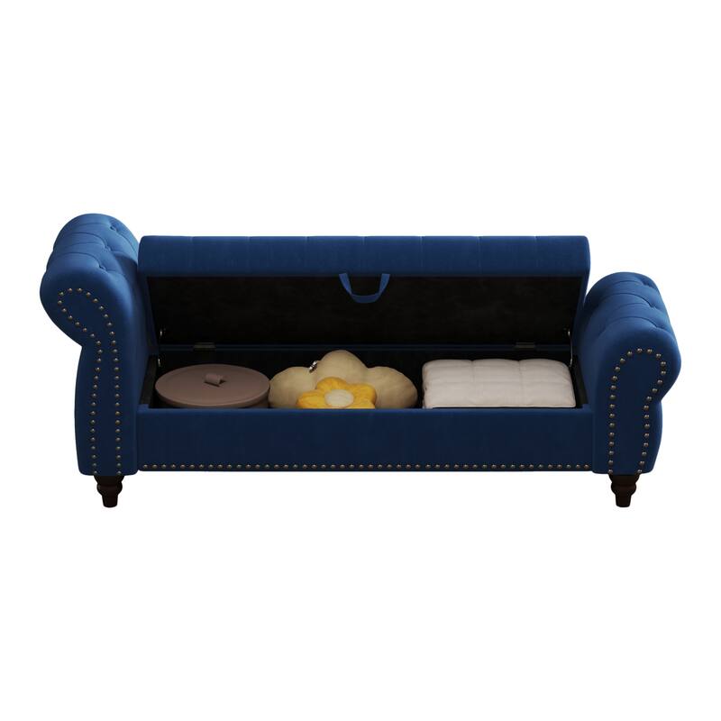 64.5" Storage Bench for Bedroom, Large Capacity Upholstered Ottoman, End of Bed Tufted Chaise Lounge with Rolled Arm