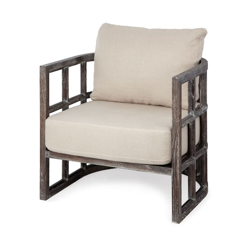 HomeRoots 30" Cream And Brown Fabric Distressed Barrel Chair - 29.75' X '33.75' X '29