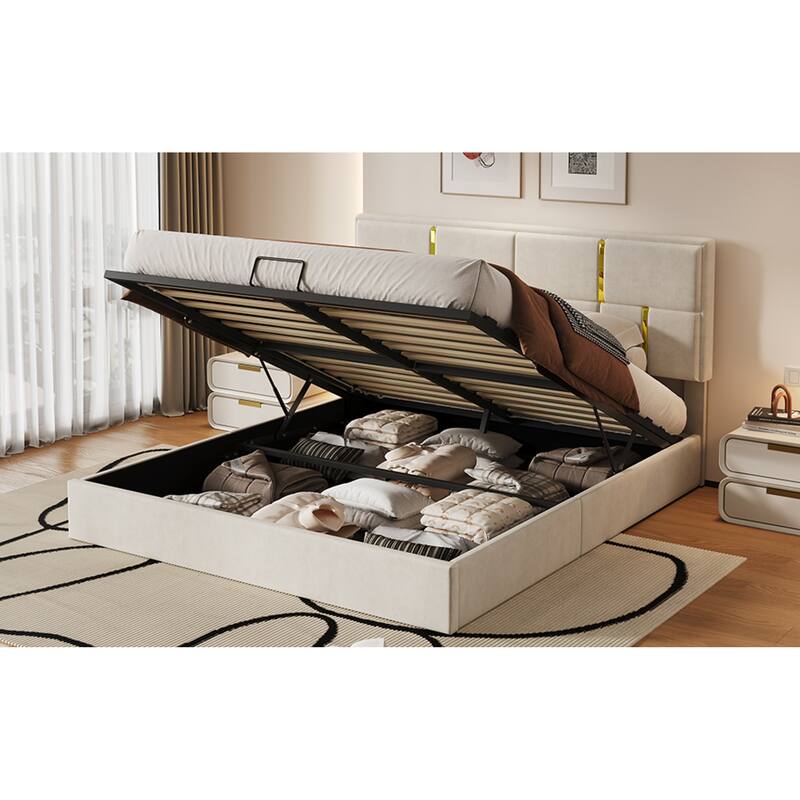 Roomfitters Queen Upholstered Platform Bed with Hydraulic Storage Lift, Modern Bed Frame, No Box Spring Required