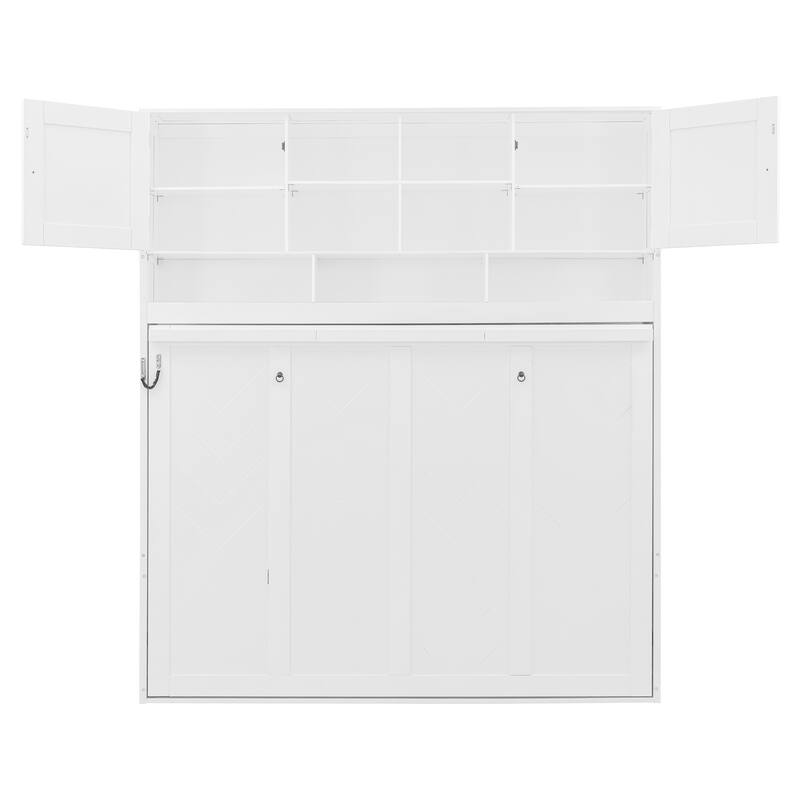 Queen Size Wall Murphy Bed with Storage and Chevron Stripes, White