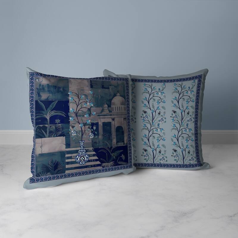 Shahi Garden Bloom Faux Suede Reversible Throw Pillow Cyan and Peach