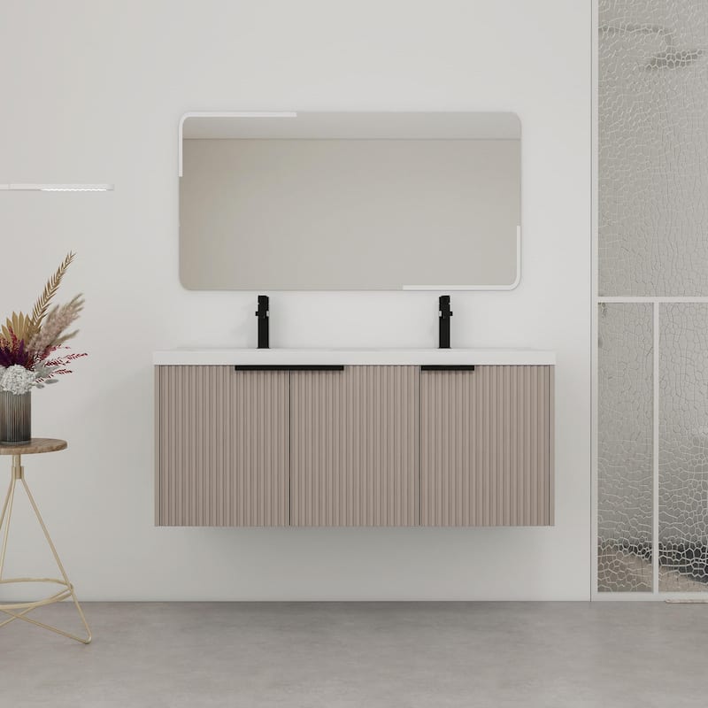 48"Wall Mounted Bathroom Vanity with Resin Double Sink & 3 Soft-Close Doors, KD-Packing - khaki
