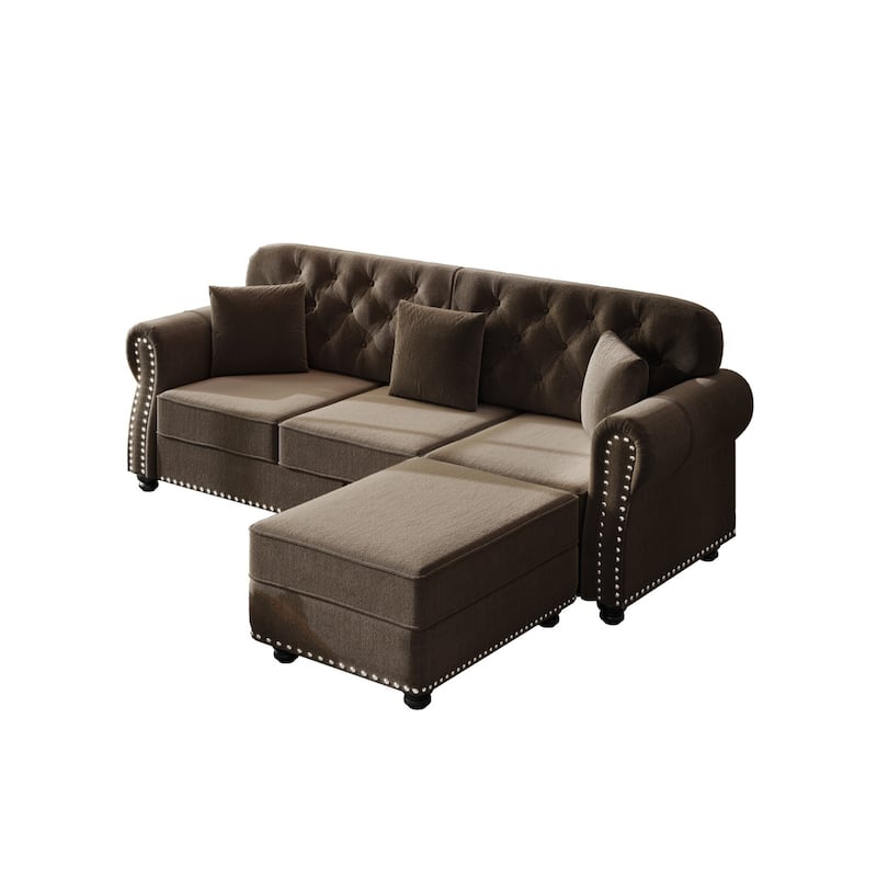 82.6" Velvet Sofa with Button Tufted, 3 Pillows and 1 Ottoman