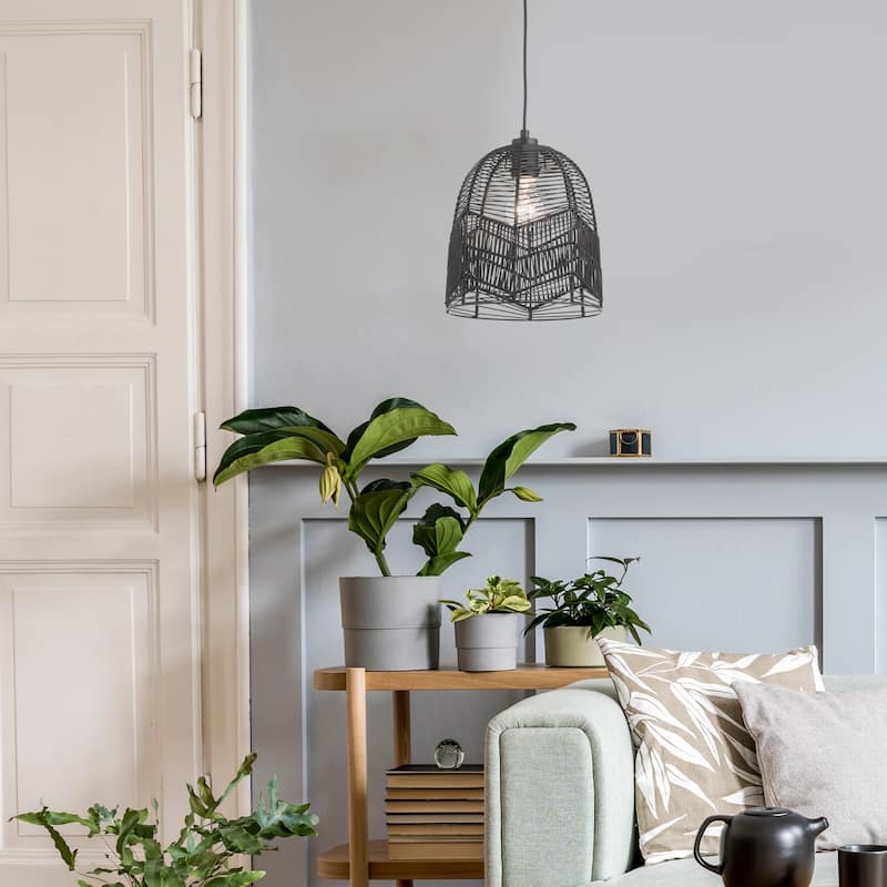 Henrietta River of Goods Black Metal and Woven Rattan Hanging Pendant Light - 9.875" x 9.875" x 13/61"