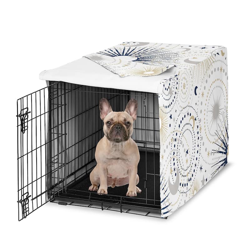 Sweet Jojo Designs Navy Blue Star and Moon Dog Crate Kennel Cover 30in. Gold Grey Celestial Sky Stars Gray Shabby Chic