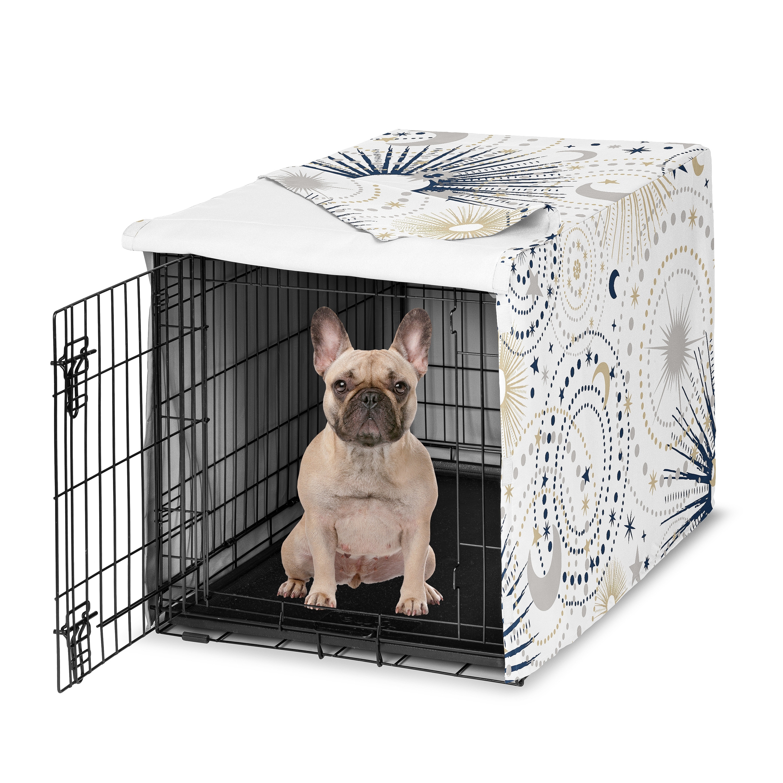 Sweet Jojo Designs Navy Blue Star and Moon Dog Crate Kennel Cover 30in. Gold Grey Celestial Sky Stars Gray Shabby Chic