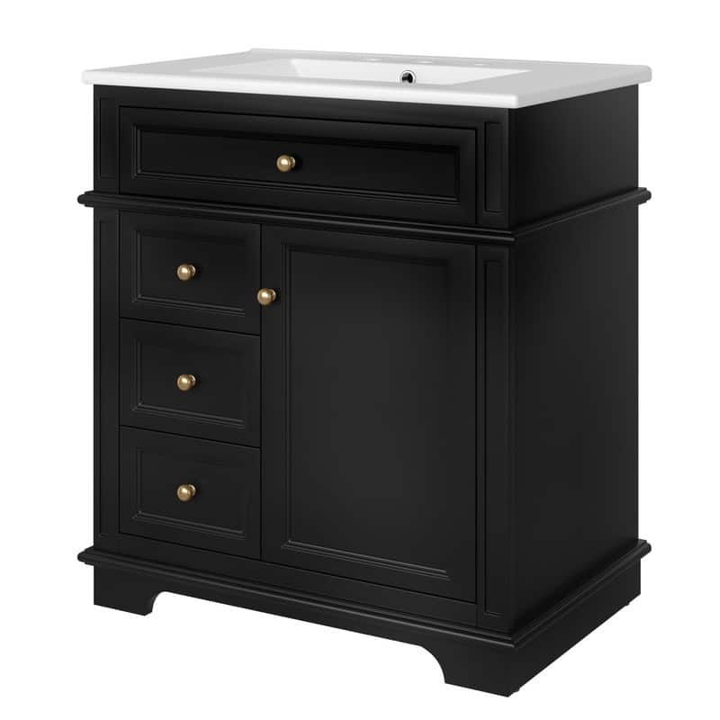 30" Bathroom Vanity with Ceramic Sink, Bathroom Vanity Cabinet with 3 Drawers, 1 Tip-out Drawer, Door Shelf & Soft Closing Door