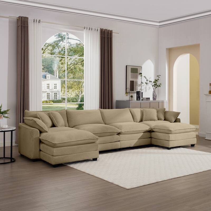 Tan 150" Corduroy Cloud Upholstered Modular U-Shaped Sectional Sofa with 2 Removable Ottoman and Free Combination Design