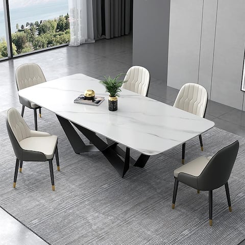 Modern White Dining Table with Rectangular Sintered Stone Tabletop, Black Carbon Steel Legs, Set for 4, 63"