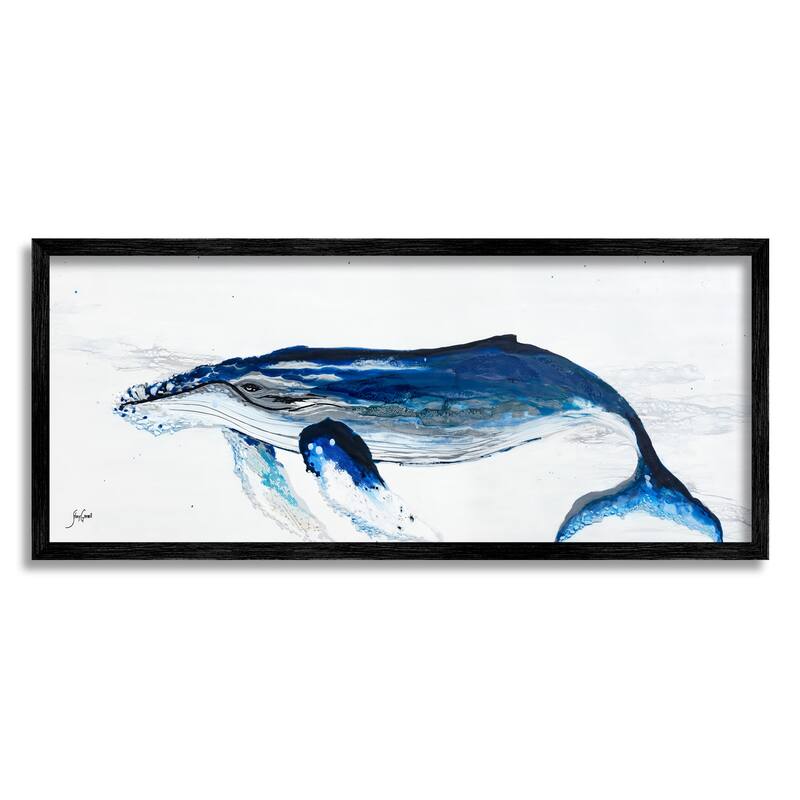 Stupell Vivid Blue Whale Swimming Marine Animal Sea Life Framed Wall Art, Design by Stacy Gresell - 30 x 13 - Black