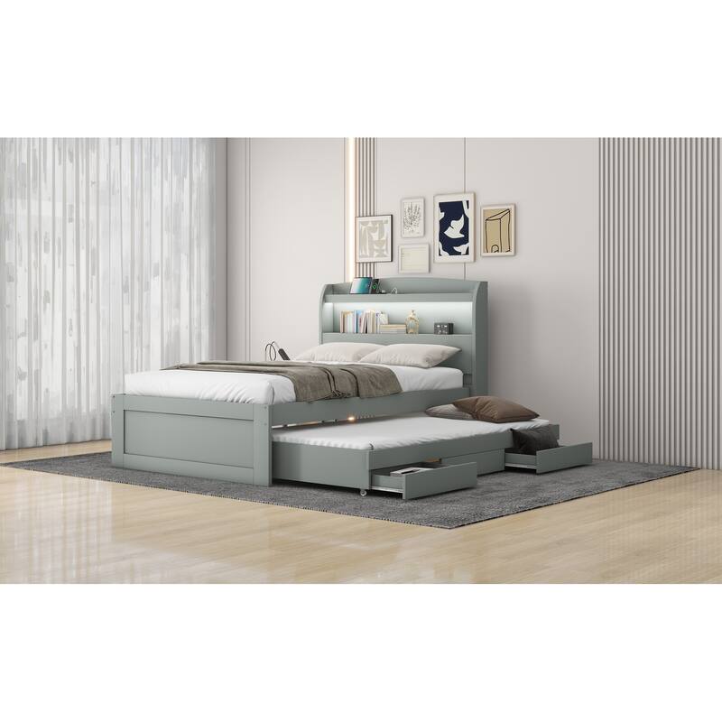 Gray Twin XL Platform Bed with Storage LED Headboard, Charging Station, Trundle and 2 Drawers