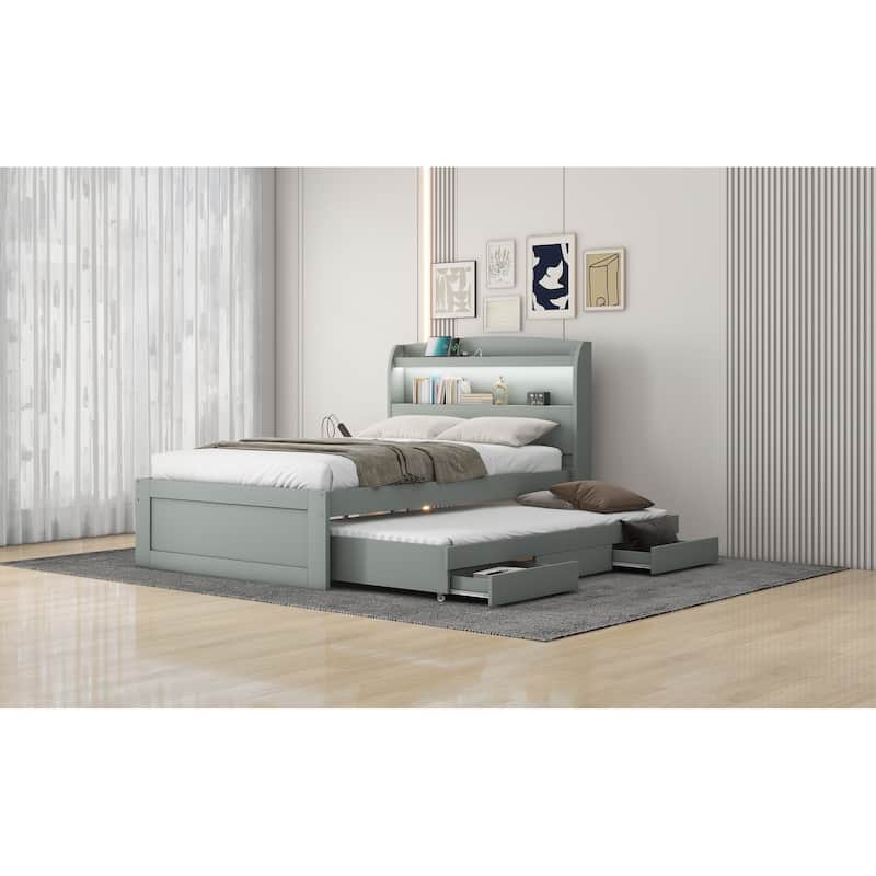 Twin XL/Full XL Size Platform Bed with LED Storage Headboard and Charging Station, Wood Bed Frame w/Twin Size Trundle &2 Drawers