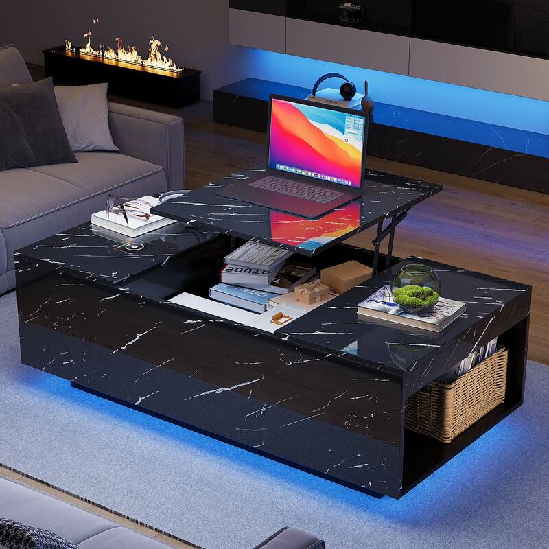 47.2" LED Lift Top Coffee Table with Wireless Charging & Bluetooth Speaker, Smart Storage Drawer, RGB Lights - Black