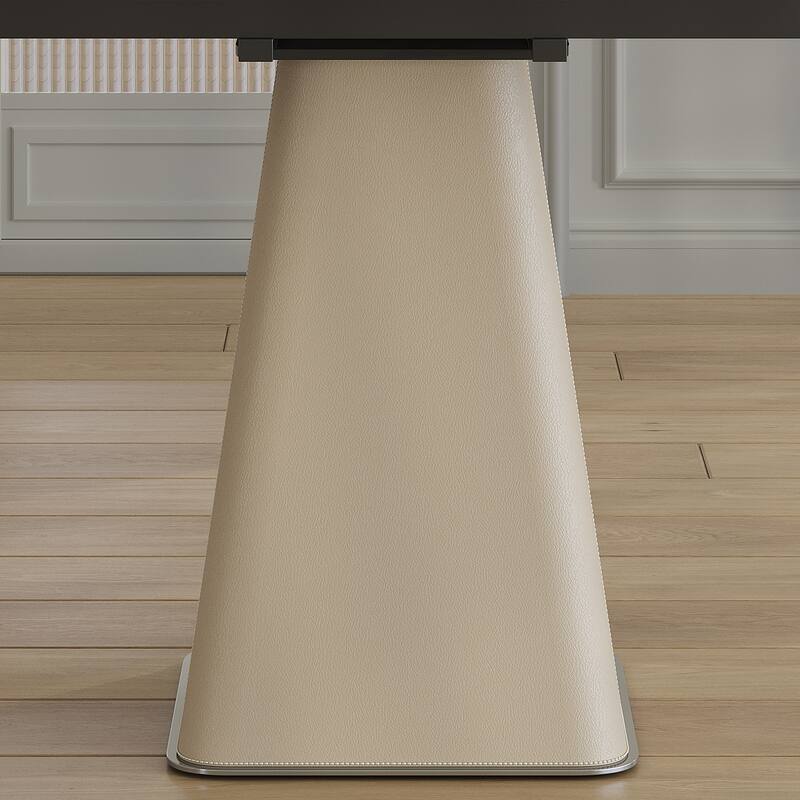 Roomfitters Retractable Sintered Stone Dining Table, Square Base, Expandable Desk & Leather Pedestal