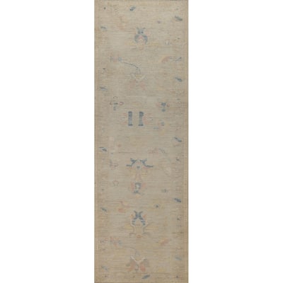 Hand Knotted Oriental 100% Wool Carpet Transitional Floral Beige & Ivories Oushak Runner Rug - 11' 9'' X 2' 9''