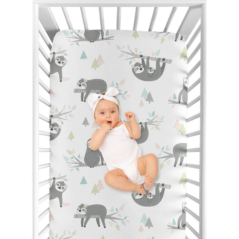 Sweet Jojo Designs Pink Grey Jungle Sloth Leaf Girl Fitted Crib Sheet - Blush Turquoise Gray Green Tropical Botanical Rainforest