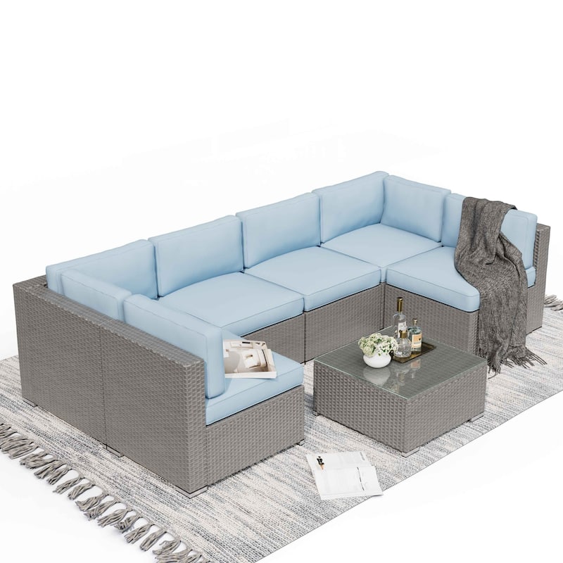 7-piece Outdoor Patio Grey Wicker Rattan Cushioned Sectional Sofa Conversation Set