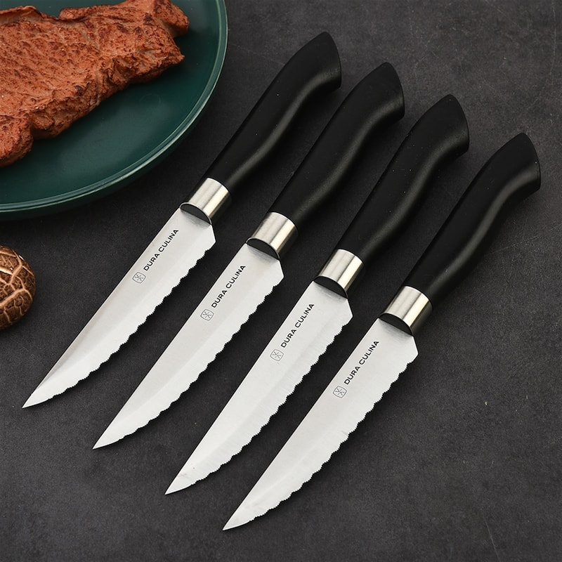 Dura Living 4-Piece Steak Knife Set - Micro-Serrated High Carbon Stainless Steel Blades, Black Handles