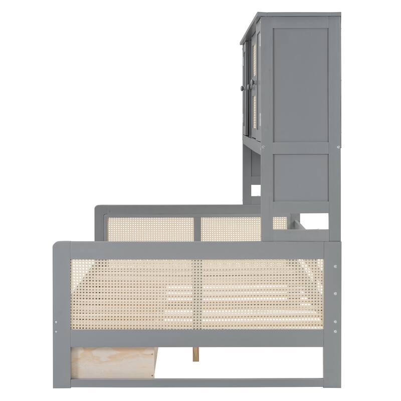 Twin/Full Size Wood Daybed with 2 Storage Drawers and All in One Cabinet, Solid Pinewood Platform Sofa Bed with Rattan Accent