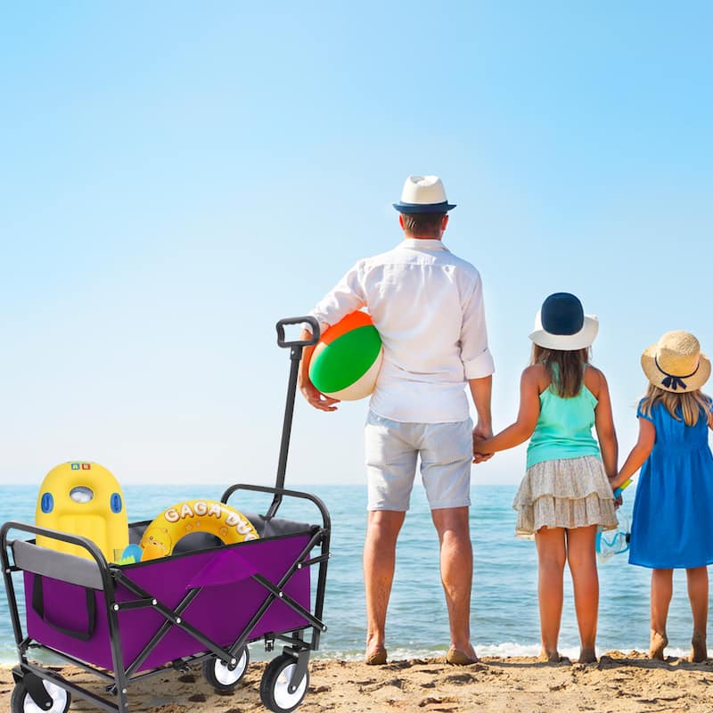 Collapsible Utility Wagon with Storage Straps - 225lb Capacity Foldable Cart, Purple