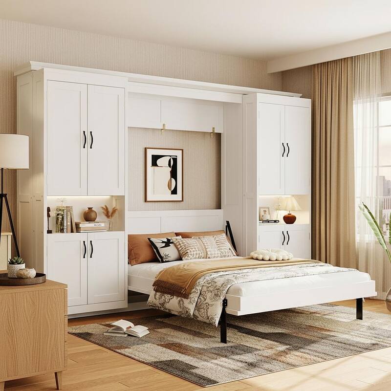 Queen Murphy Bed Wall System with Dual Glide Cabinets & 6-Tier Mega Storage by Harper&Bright Designs - White