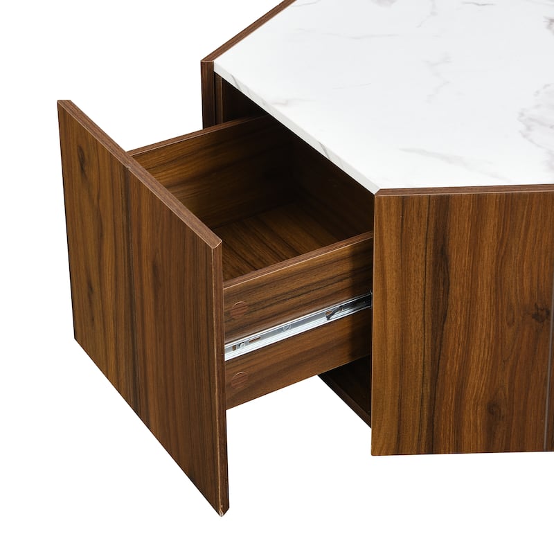 Hexagonal Rustic Retro Wood Coffee Table, with 2 Hidden Drawers, Textured White Marble Tops,Walunt Oak Finish - Perfect