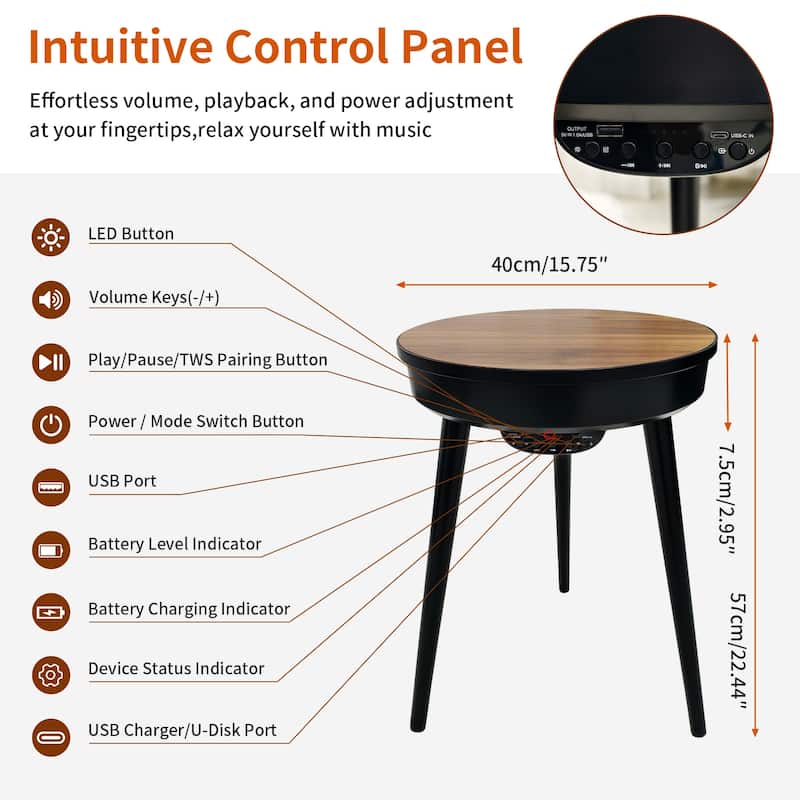 Round Smart End Table with Bluetooth Speaker Side Table LED Nightstand with USB Port