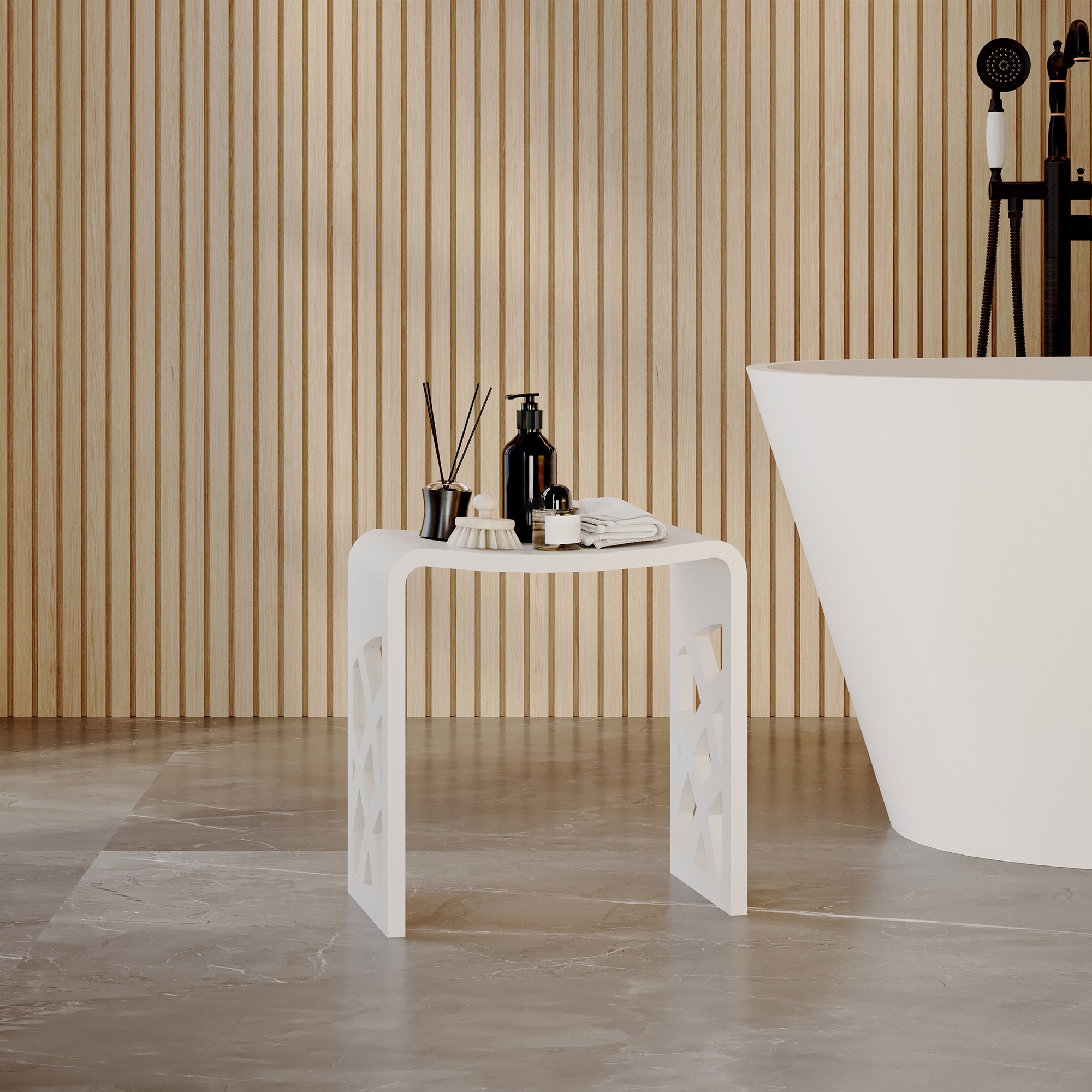 Solid Surface Shower Stool with Decorative Carved Legs and Drainage Cutout Seat, Waterproof Shower Seat, 440 lbs. Capacity