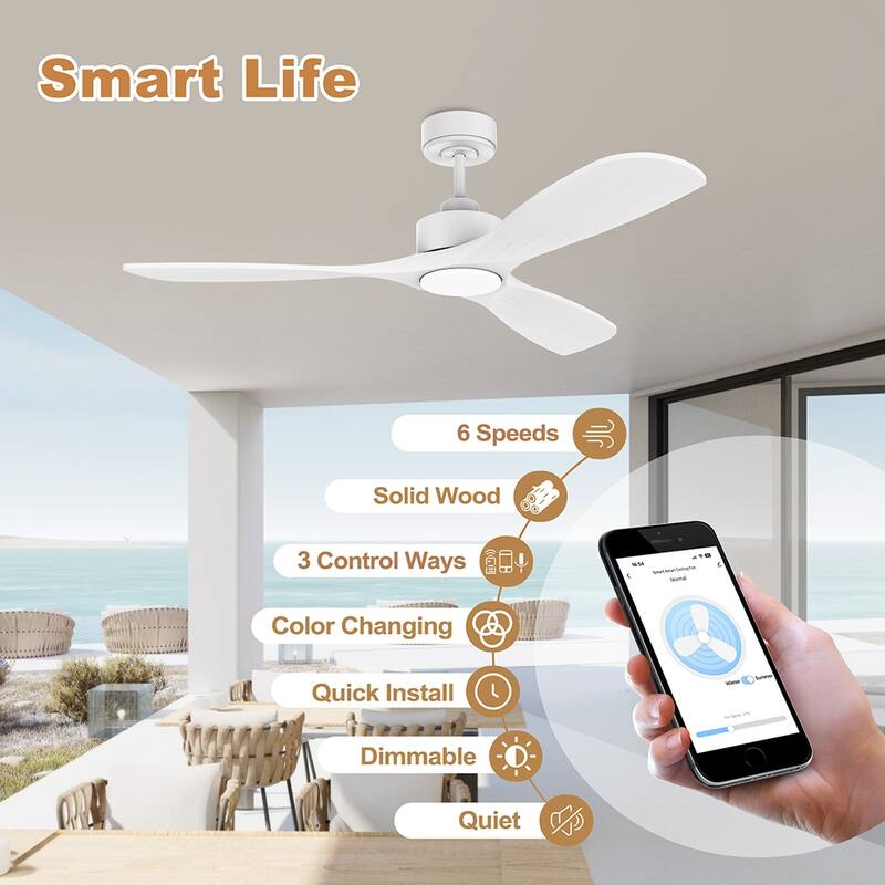 52 in. Modern Outdoor Indoor White Ceiling Fans with LED Lights Remote, Voice Control via WIFI Alexa App, Quiet DC Motor